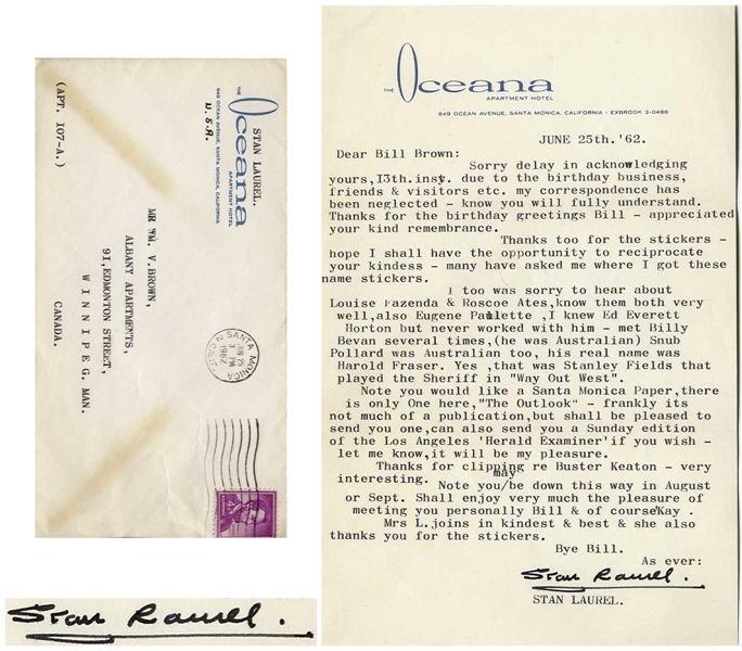 Stan Laurel Letter Signed -- Laurel Reminisces About Vaudeville & Early Film Stars